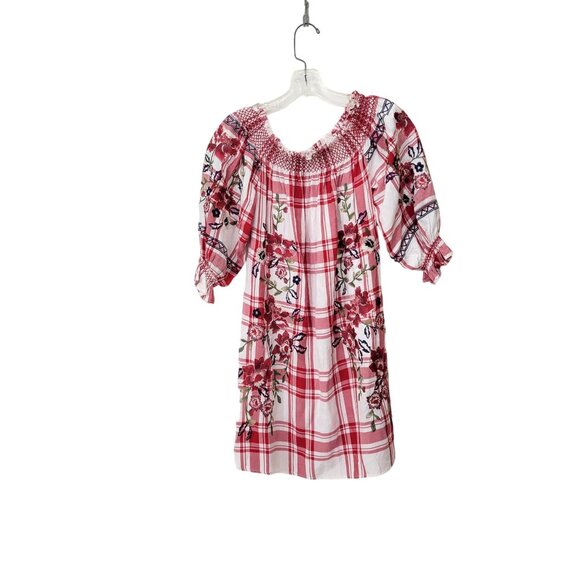 Zara Woman Red Embroidered Off the Shoulder Plaid Mini Dress - Picture 1 of 6